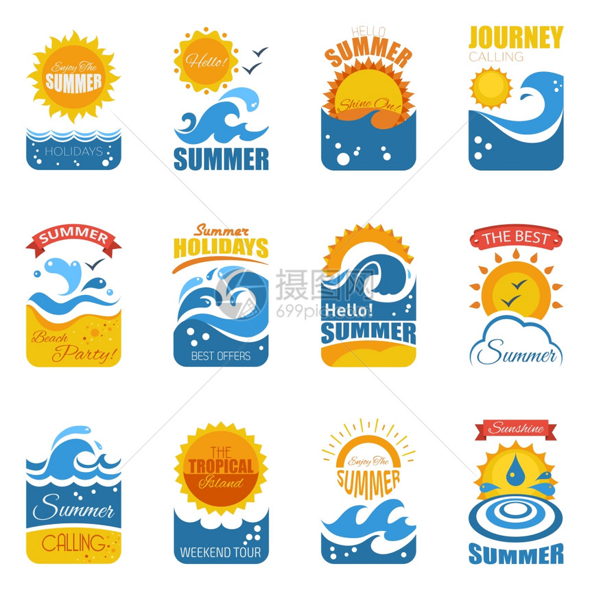 夏天的标签上波浪太阳夏季标签波浪沙滩太阳盘平矢量插图图片