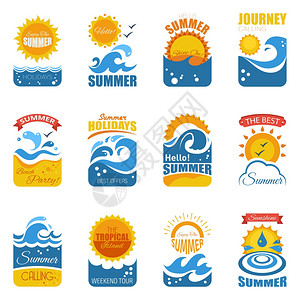 夏季沙滩标签夏天的标签上波浪太阳夏季标签波浪沙滩太阳盘平矢量插图插画