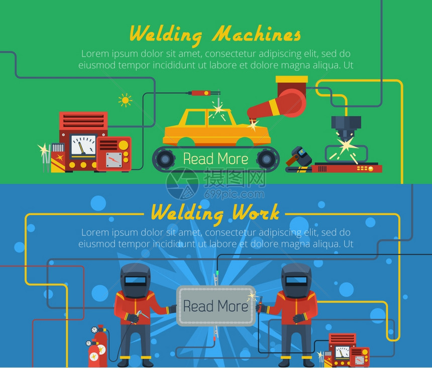 两个焊接水平横幅两个平水平矢量横幅,焊工工具焊机的插图图片