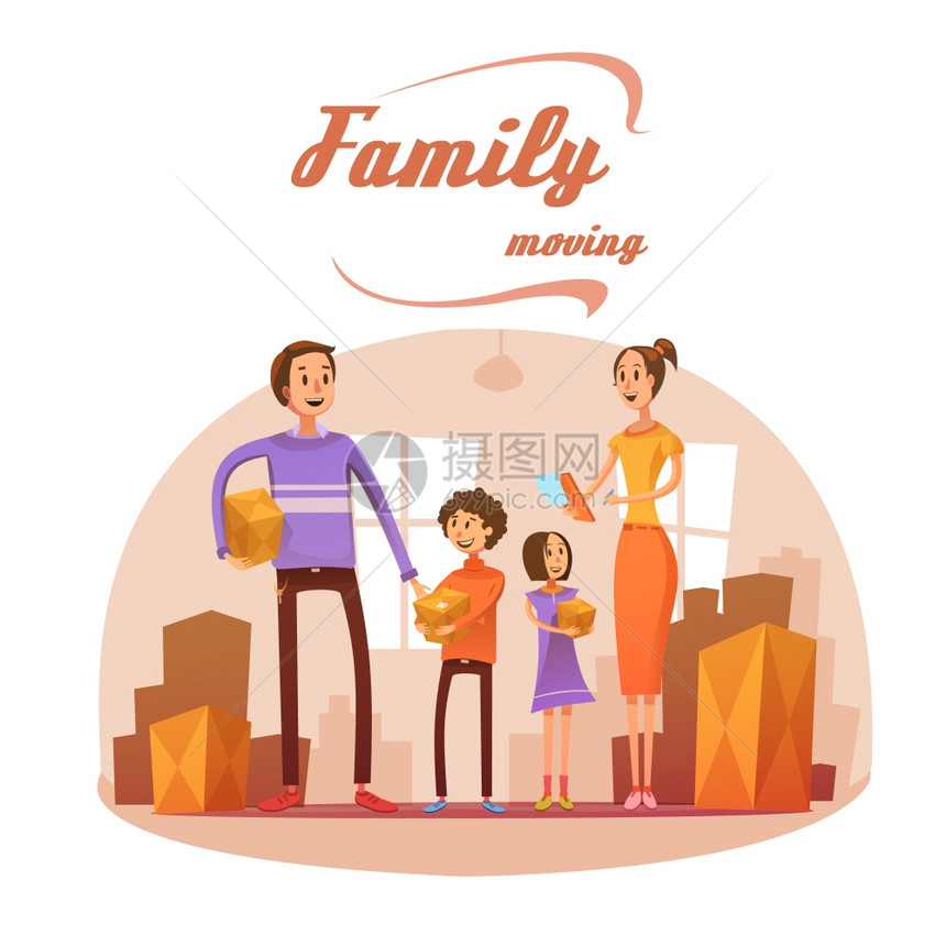 家庭卡通插图中移动家庭移动卡通与房间列表盒子矢量插图图片