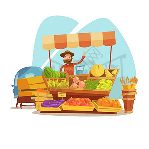卖蔬菜农民市场卡通市场卡通与农民销售蔬菜水果矢量插图插画