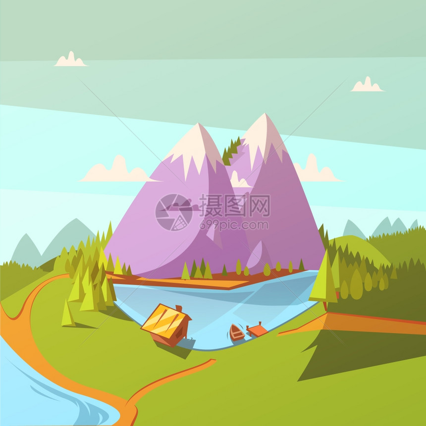 湖底徒步旅行徒步旅行湖卡通背景与森林船房屋矢量插图图片