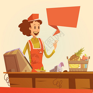 女售货员复古插图女售货员支付台复古背景与篮子食品卡通矢量插图插画