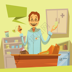 药房推销员插图药房推销员背景与同类型的药品卡通矢量插图图片
