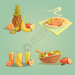 健康食品饮料卡通套装健康食品饮料卡通集与果汁沙拉孤立矢量插图图片