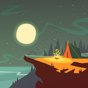 夜间背景徒步旅行夜间徒步旅行卡通背景与帐篷,火月星星矢量插图图片