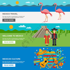 美洲火烈鸟墨西哥横幅套墨西哥传统服装动物食物景观背景上水平横幅矢量插图插画