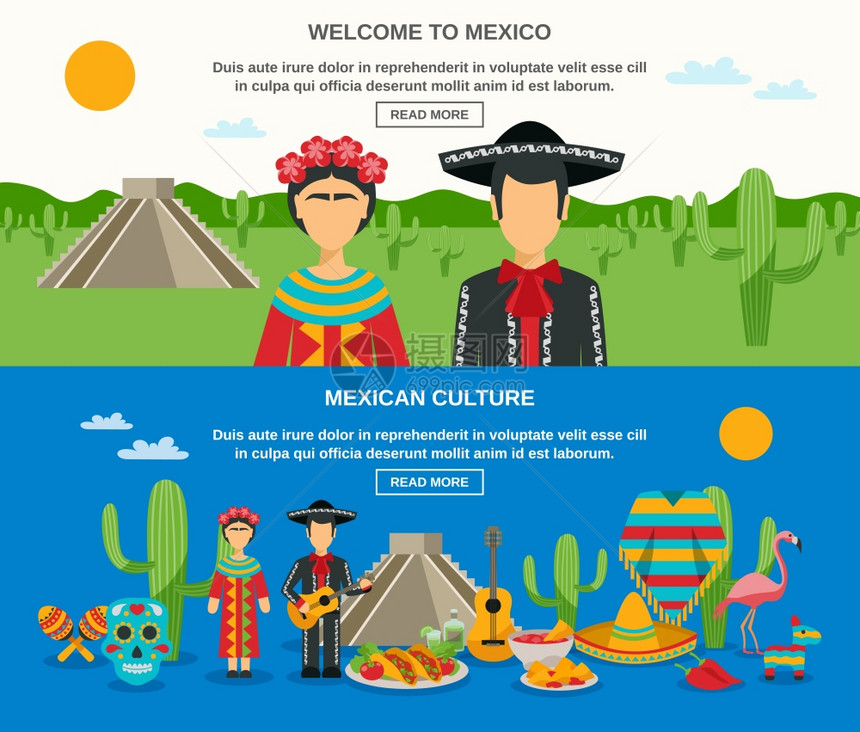 墨西哥横幅套墨西哥横幅了丰富多彩的元素,本土文化,景观观光矢量插图图片
