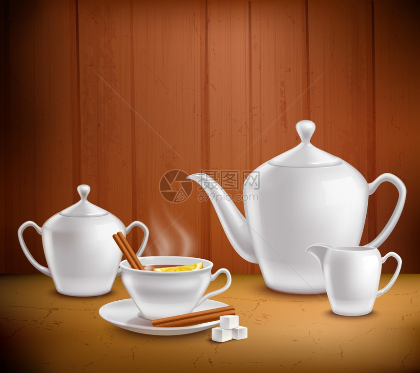 茶具成茶具成与锅热茶杯牛奶罐桌子上靠近木墙矢量插图图片
