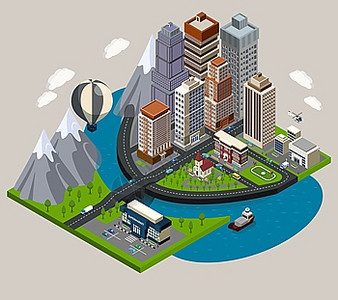等距城市等距城市与街道摩天大楼现代城镇矢量图的共同元素背景图片