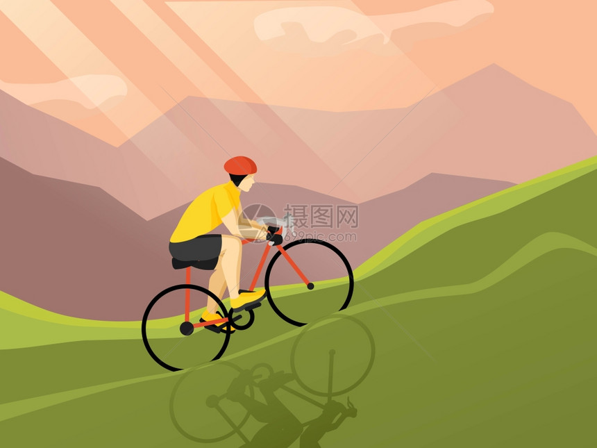 骑自行车的平海报骑自行车的平人物海报骑山上的景观闪烁的日光背景矢量插图图片