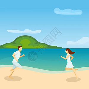 情侣们海报情侣海报,男人女人海滩上互相奔跑,热带背景矢量插图图片