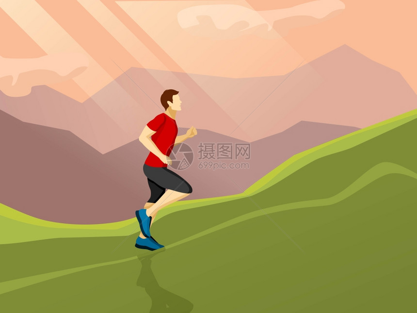 男人运行平图标海报与平图标的人独自跑上山上的景观背景矢量插图图片