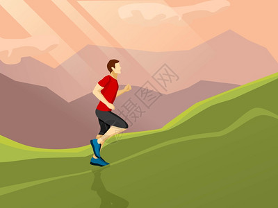 跑山土鸡男人运行平图标海报与平图标的人独自跑上山上的景观背景矢量插图插画