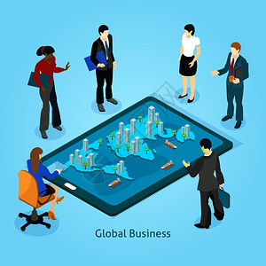 商人等距构图图标全球业务等距成图标与人站平板矢量插图背景图片