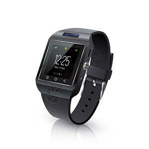 智能腕表智能手表现实图像黑色智能手表可穿戴计算机,用于计时基本任务,手表逼真的黑色矢量插图插画