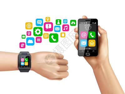 手操作手机智能手机兼容智能手表数据传输符号用彩色应用程序符号白色背景矢量插图将数据手头的智能手表传输智能手机进程插画