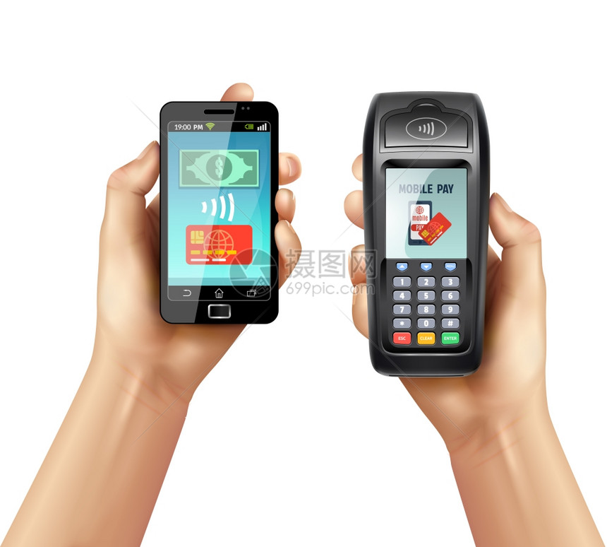 双手与智能手机支付终端用手机银行移动支付服务矢量插图的智能手机支付终端图片