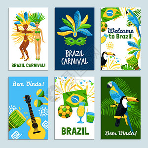 聪明鹦鹉图巴西海报套装套五颜六色的海报,带巴西自然文化矢量插图的传统元素插画