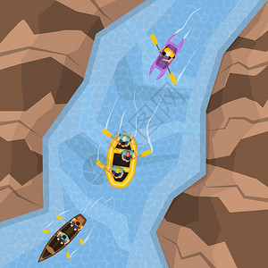 漂流河顶景观上漂流河顶视图与三艘同的船跟随方矢量插图图片