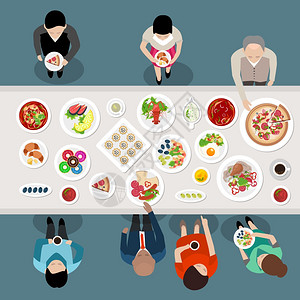 吃饭女的宴会餐饮派顶级景观宴会餐饮派顶部视图海报与人们选择吃的餐站桌子矢量插图插画