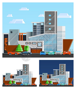 购物中心建筑构图集商场建筑正交合停车汽车平孤立矢量插图图片