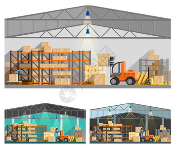 仓库数据仓库存储合集仓库储存正交合屋顶灯具平隔离矢量图插画