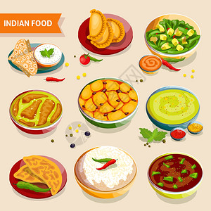 炒米印度食品套装印度菜集全国菜与米豆,鸡肉,蔬菜香料矢量插图插画