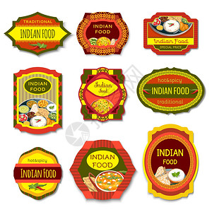 咖喱鸡扒饭印度食物五颜六色的标志印度食物五颜六色的标志,传统的辛辣菜肴与豆类蔬菜草药分离矢量插图插画