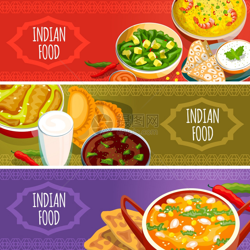 印度食品水平横幅印度食品水平横幅与菜肴酱汁饮料矢量插图图片