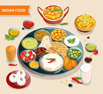菜库尔纳里亚印度食物成分印度食物成的菜肴与海鲜,豆类,酱汁,也饮料糖果矢量插图插画