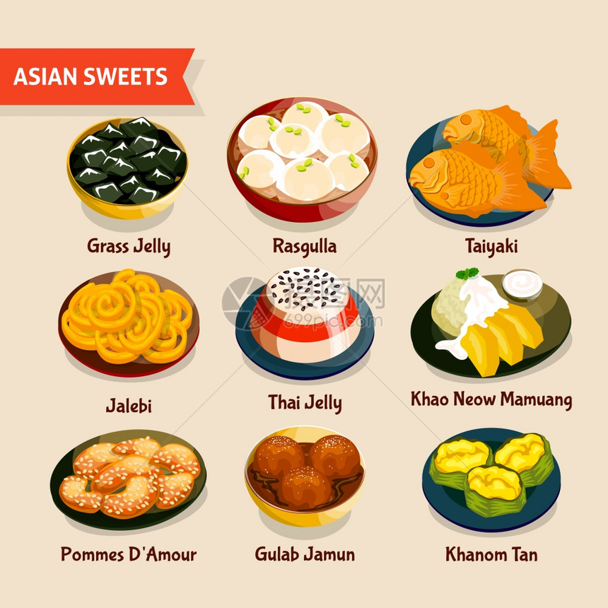 亚洲糖果套装亚洲糖果与传统甜点的中国,泰国,印度,日本菜矢量插图图片