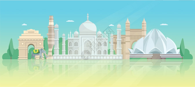 印度建筑天际线海报印度建筑天际线海报与泰姬陵莲花寺胜利塔大门矢量插图背景图片