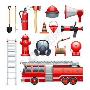 灭火器消防栓设备机械图标工具设备发动机红色写实图标收集与水屋灭火器抽象矢量插图插画