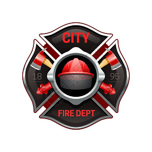 红色工服消防员消防部门标志写实形象插图城市消防部门逼真的标志标志与交叉轴泵红色黑色矢量插图插画