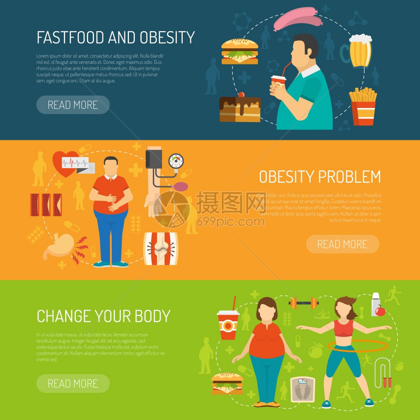 肥胖和健康饮食对比矢量插图的信息图片
