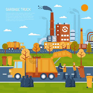 垃圾车的垃圾车颜色插图与标题信息字段矢量插图图片