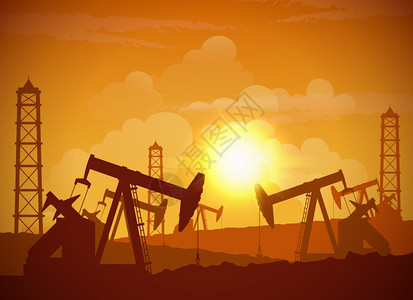 石油海报油田海报油田井架工业机的轮廓,用于日落背景矢量图上钻井插画