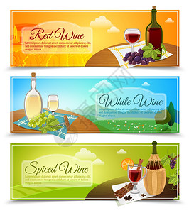酒庄品酒葡萄酒横幅套三个水平彩色横幅现代风格与同类型的葡萄酒矢量插图插画
