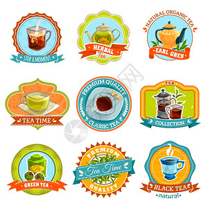 茶叶标签集扁平复古风格的孤立标志与同类型的茶配件矢量插图图片