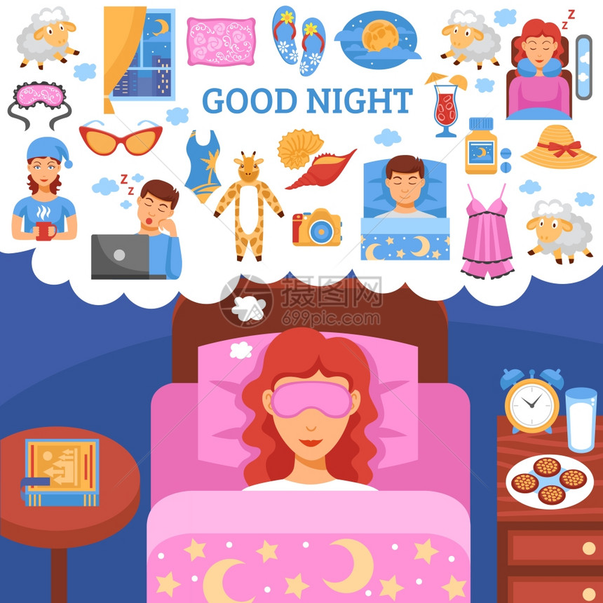 健康夜间睡眠提示平海报健康的长夜睡眠惯符号与床头柜桌子思想平海报抽象矢量插图图片