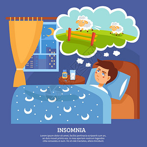失眠多梦失眠的人问题平海报失眠睡眠障碍症状与失眠夜间治疗提示平海报抽象矢量图插画