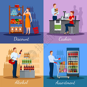 超市各种素材超市里各种产品超市产品的分类与区域折扣付款隔离矢量插图插画
