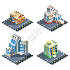 建筑等距图标集建筑等距孤立图标集与四种类型的普通城市结构矢量插图背景图片