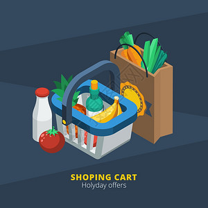 等距超市图标等距超市图标与购物篮纸包食品矢量插图图片
