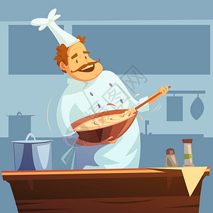 烹饪车间插图烹饪车间与厨师混合配料碗卡通矢量插图图片