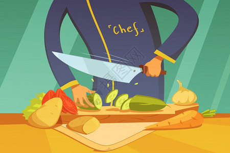 刀切片切片蔬菜插图厨师切片蔬菜背景与土豆,番茄,黄瓜胡萝卜卡通矢量插图插画