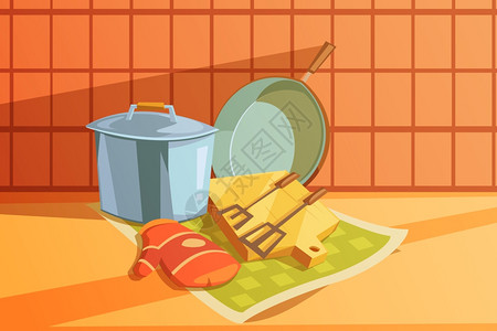 厨房用具插图厨房用具与平底锅砧板煎锅卡通矢量插图背景图片
