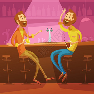 朋友酒吧插图酒吧背景下与椅子啤酒卡通矢量插图交谈饮酒的朋友图片
