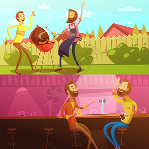 休息横幅的朋友朋友休息水平横幅烧烤酒吧卡通孤立矢量插图图片
